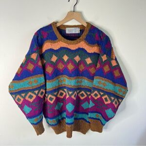 Vintage GAELTARRA Irish Linen Sweater Mens Sz L Multicolor Mixed Print Ireland